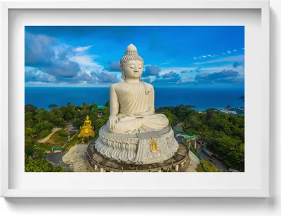 Produktbild von Buddha Phuket Thailand– Wandbild mit Rahmen – Gerahmtes Bild  – Wanddekoration – 70x50 cm –  Weiß Rahmen