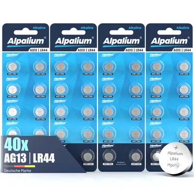Four blister packs of Alpalium AG13 LR44 alkaline button cell batteries, with a prominent '40x AG13 LR44' graphic on the left.