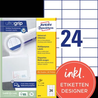 Produktbild von Avery Zweckform 3474 Universal-Etiketten, A4 mit ultragrip,  Adressaufkleber 70 x 37 mm, weiß
