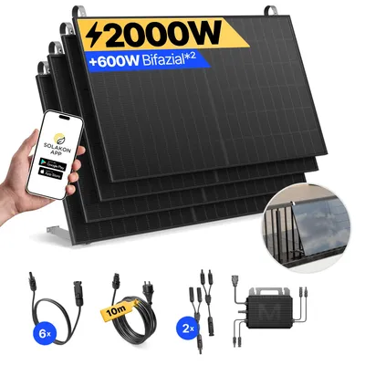 Produktbild von Balkonkraftwerk 2000W Solaranlage mit Balkon Halterung Steckerfertig Komplettset Photovoltaik Anlage 800W, Kabellänge: 10m, Solakon - onPower