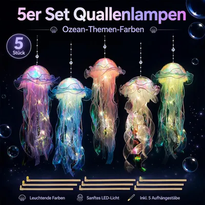Produktbild von LED Quallen Laterne 5er Set bunt – Batterie, PVC, hängend/tragbar | Für Party, Hochzeit, Kinderzimmer