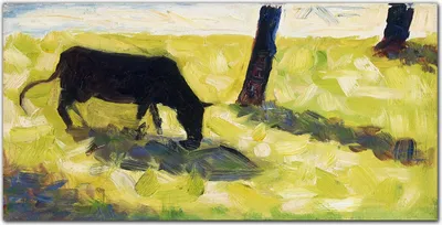 Produktbild von Coloray Bild aus Glas 140x70 Küche wanddekoration Dekoration wohnzimmer gehärtetes Glas glasblock mit bild - Schwarze Kuh auf der Wiese Seurat