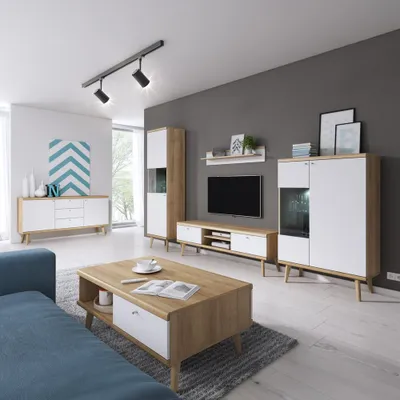 Produktbild von Wohnzimmer Set in Weiß mit Eiche, mit LED-Beleuchtung, Retro-Design, 6-teilig - POSITANO-160