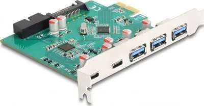 Produktbild von Delock USB 5 Gbps PCI Express x1 Karte zu 3 x extern Typ-A + 2 x extern USB Type-C Buchse und 1 x intern 19 Pin USB Pfostenstecker