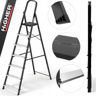 Zdjęcie produktu dla Drabina aluminiowa stalowa domowa HIGHER 7 stopni 150 kg MOCNA