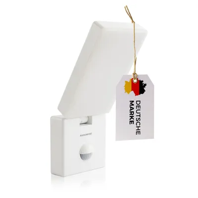 A white LED outdoor light with a motion sensor is shown against a white background. A tag with the German flag and the words "DEUTSCHE MARKE" is attached to the light.