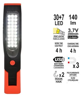 YATO Werkstattlampe 30+7 LED mit Akku und Haken