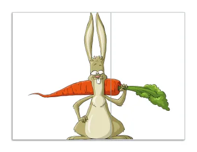 Produktbild von Wallario Herdabdeckplatte aus Glas, Größe 70 x 52 cm 2-teilig, Motiv Lustiger Hase mit Möhre im Comic Stil