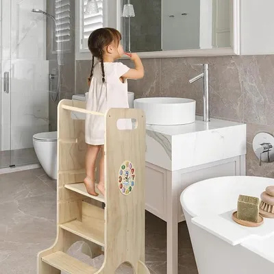 Imagen del producto de Torre de aprendizaje Montessori 5 en 1 – Taburete de madera – Escalón para niños con 4 escalones – Torre de observación segura – Escalera de aprendizaje Montessori a partir de 1 año (color primario)