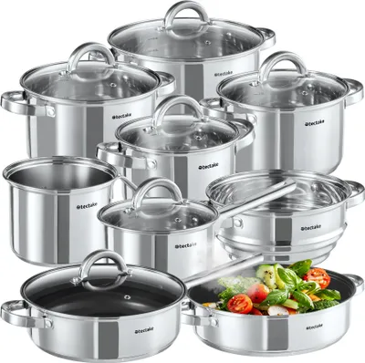 Produktbild von tectake® Kochtopfset Turin 15-teilig, aus Edelstahl, für Induktion geeignet integrierte Messskala in den Töpfen