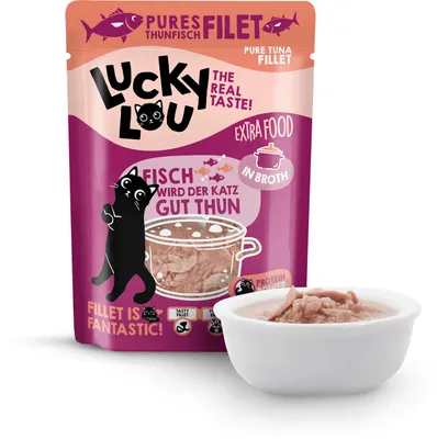 A pouch of cat food with a small bowl of the food in front of it.