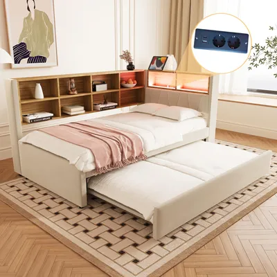Image de MODFU Lit Gigogne 90x200 cm - Lit Enfant ou Ado en Tissu Beige avec Lit Coulissant 90x190 cm et Port USB, Sans Matelas