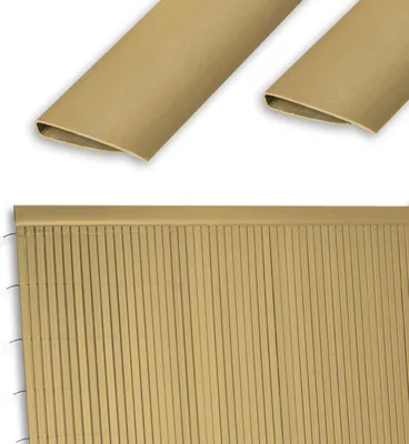 Two pieces of a beige profile strip and a section of a beige fence or screen.