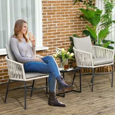 Produktbild von Gartenstuhl 2er Set Boho, Balkonstuhl mit Kissen, handgeflochten Kunststoffseil, Stahlrahmen, Beige | 57 x 60 x 71 cm | wetterfest