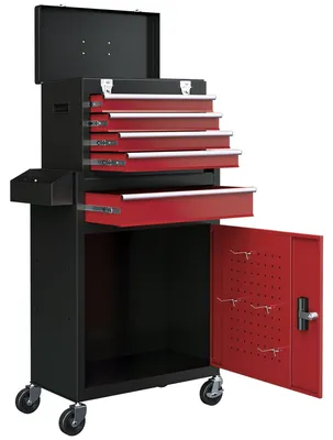 Image de Chariot d'outils avec armoire de rangement | Couleur : Noir et rouge | Dimensions : 28 x 60 x 72 cm
