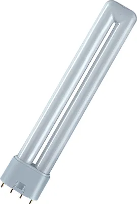 A single fluorescent light bulb on a white background.