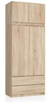 Kleiderschrank AKORD S90 mit Aufsatz Hochwertige Qualität Kleiderschrank für das Schlafzimmer Wohnzimmer Flur Kleiderschrank mit Auszug Einfache Montage L51 x B90 x H234 cm Drehtürenschränk Breite 90 Farbe: Hellbraun