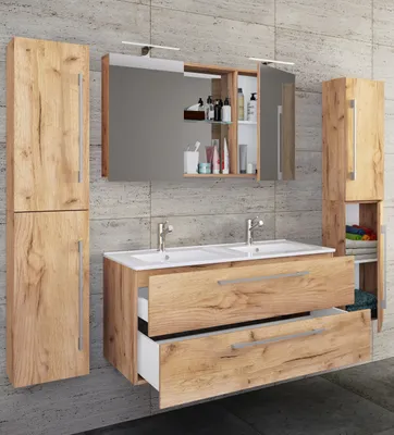 Produktbild von VCM 5-tlg. Doppel Waschplatz | 2x Waschtisch | Badmöbel Set mit Unterschrank, Waschbecken, 2x Hochschrank und Spiegelschrank | Doppelwaschbecken | Komplettset Budasi SC