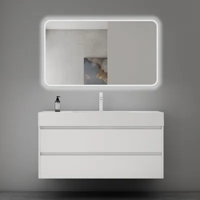 Produktbild von Mai & Mai Badmöbel-Set Waschbeckenunterschrank 120x48x63cm in Weiß matt mit 2-Schubladen inkl. Waschbecken und LED-Badspiegel Deep