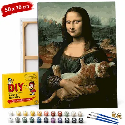 Image de Tableau à peindre par numéros avec cadre 50 x 70 : la Joconde avec un chat