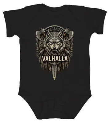 Produktbild von Valhalla Wolf Wikinger Krieger Nordisch Runen Äxte Vintage Odin Thor Baby Body, Schwarz, 3/6