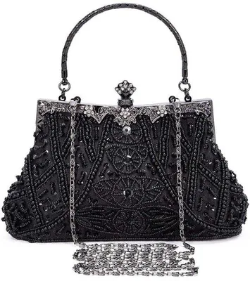 Image de Pochette vintage élégante pour femme, ornée de perles, noire