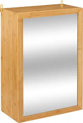 A wall-mounted cabinet with a mirror and a bamboo frame.