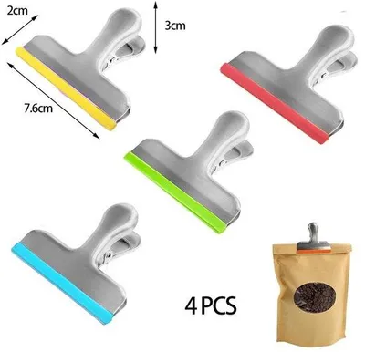 Productafbeelding van Ibenzoa® Set van 4 roestvrijstalen zakclips met siliconenrand, ongeveer 7,8 x 6,5 cm – roestvrijstalen zaksluitingen, rond ontwerp met sterke veer, gekleurde markering (geel, rood, blauw)