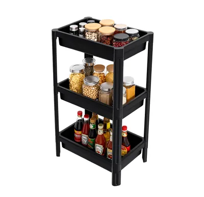 Produktbild von Ribelli Rollwagen 3 Ebenen, Küchenwagen schmal, Küchenregal mit 8 Haken, Servierwagen Kunststoff für Bad, Küche, Büro, Weiß / Schwarz