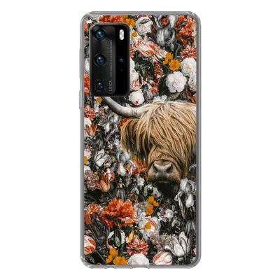Produktbild von MuchoWow® Handyhülle Schutzhülle Hülle für Huawei P40 Pro Schottischer Highlander - Blumen - Orange Silikon Softcase Handy Hülle - Schutz