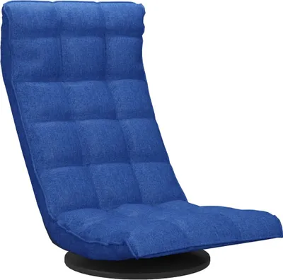 A blue fabric floor chair with a swivel base.