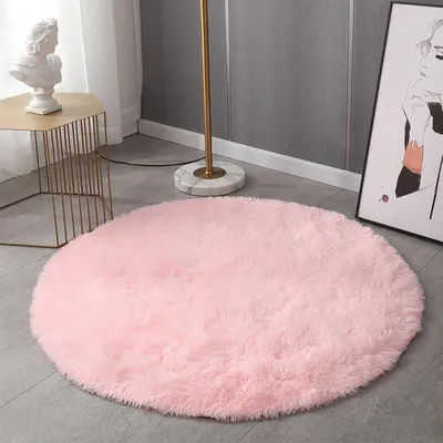Image de Tapis rond, 90 cm de diamètre, rose, en peluche, lavable, idéal pour une chambre d'enfant