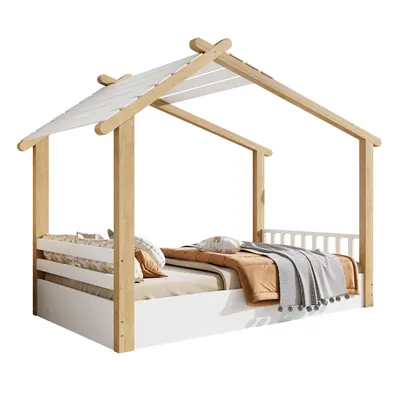Produktbild von Hausbett, 90x200 cm, Kinderbett mit Lattenrost, Holzbett, Einzelbett, Kiefer