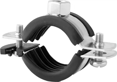 A single pipe clamp with rubber lining is shown against a white background.