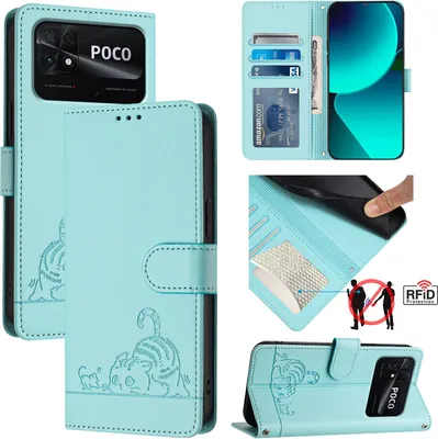 Produktbild von Leder Hülle für Xiaomi Poco C40 / Redmi10C Süße Katze Flip Case Brieftasche Schutzhülle mit Standfunktion hellgrün
