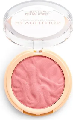A makeup revolution blusher in a peach-colored compact with a clear lid.