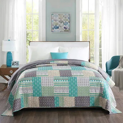 Produktbild von WOLTU Tagesdecke Bettüberwurf Steppdecke Patchwork Wendedesign Bettdecke Stepp Decke Doppelbett Grau+Grün 220x240 cm