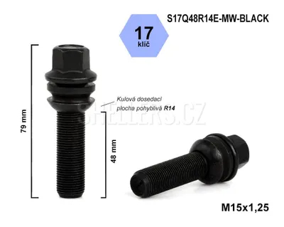 Obrázok produktu pre Skrutka M15x1,25x48 s guľôčkou R14, s pohyblivým čelom, kľúč 17, S17Q48R14E-MW-BLACK, výška 79 mm, čierna