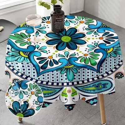 Zdjęcie produktu dla Obrus w stylu boho, 150 cm, poliestrowy, do użytku na zewnątrz, odporny na warunki atmosferyczne, nadający się do prania, do kuchni, na taras, do stołu w jadalni, do salonu, na uroczystości