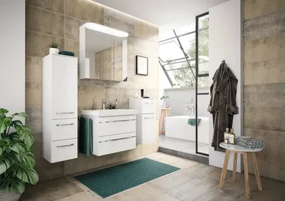 Produktbild von Pelipal Badmöbel-Set Sunline 108 BxHxT 130 x 200 x 46 cm Frontfarbe weiß hochglanz weiß und Mineralguss-Waschtisch Wasch