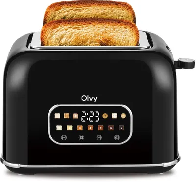 Zdjęcie produktu dla Toster Olvy, ekran dotykowy z timerem, 7 stopni opalania, bardzo szerokie szczeliny, 6 programów, w tym bagel i gofr, funkcja rozmrażania i podgrzewania, czarny