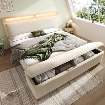 Obrázok produktu pre Flieks posteľ pre mladých 140x200cm s hydraulickou stoličkou, kompletná spálňová zostava, manželská posteľ drevená posteľ s led, komoda s úložným priestorom, béžová