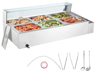 Obrázok produktu pre VEVOR Komerčný ohrievač potravín so 6 x 8 Qt nádobami, elektrický parný stôl so skleneným krytom, pracovná doska z nehrdzavejúcej ocele s výkonom 1500 W, bufetový ohrievač, regulácia teploty 30-85 °C