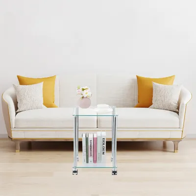Produktbild von Relaxdays Beistelltisch mit Rollen, 2 Ablagen, eckig, Wohnzimmer, Glas & Stahl, mobiler Couchtisch, transparent/silber