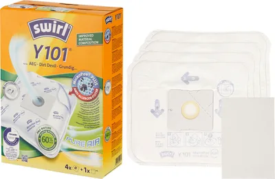 A box of Swirl Y101 vacuum cleaner bags and a stack of the bags themselves.
