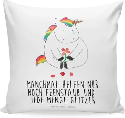 Produktbild von Mr. & Mrs. Panda Kuschelkissen Einhorn Traurig - Weiß - Geschenk, Blume, zier kissen, Sofakissen, Freunde, 40x40, bedruckt, Dekokissen, Liebe, Trauer, Sofa, Einhörner