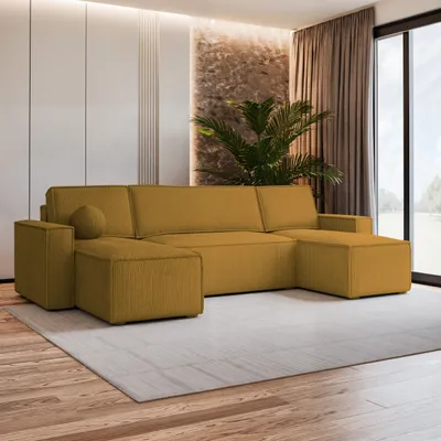Produktbild von Masseno Ecksofa PESANO P mit Schlaffunktion U-Form, Sofa mit Bettkasten, Wohnzimmersofa, Couch, Soffa, Bettsofa, Couchgarnitur- Gelb, POSO 01