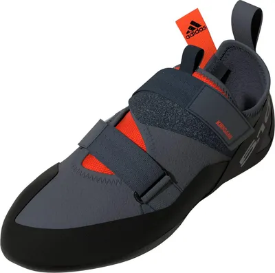 Kletterschuh "KIRIGAMI" von Five Ten in Grau und Schwarz mit orangenem Akzent und Klettverschluss.
