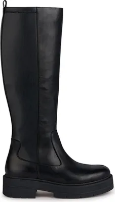 A black knee-high boot with a platform sole is shown against a white background.