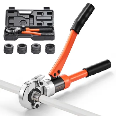 Image de Pince à sertir hydraulique VEVOR, pince à sertir pour tubes en plastique PEX & aluminium avec mâchoires TH16, TH20, TH26 & TH32 ainsi que mallette de transport, kit d'outils de sertissage pour réparations & installations sanitaires